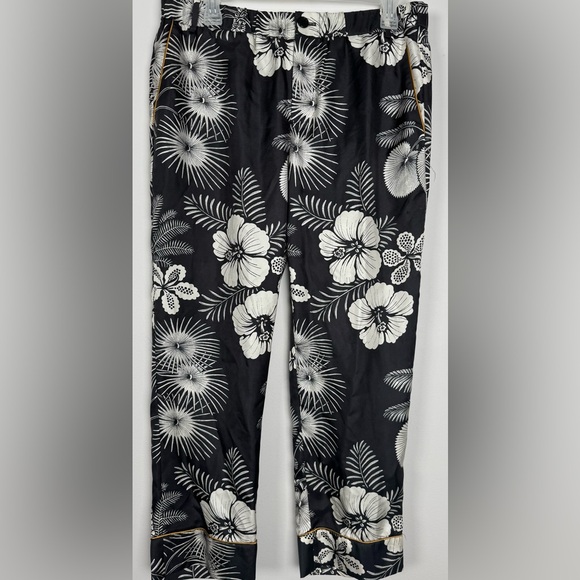 J. Crew Pants - J.Crew 100% Silk Tropical Floral Pants Size 10 Black Cream Gold Piping